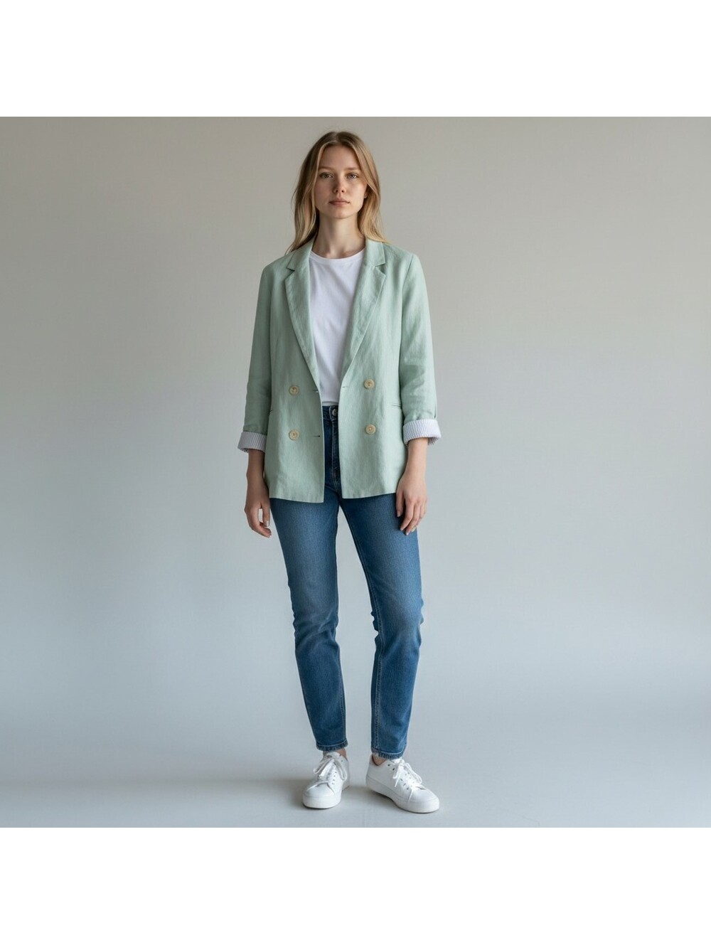 Jules & Leopold Blazer Women L Large Green Button Collared 3/4 Sleeve Linen